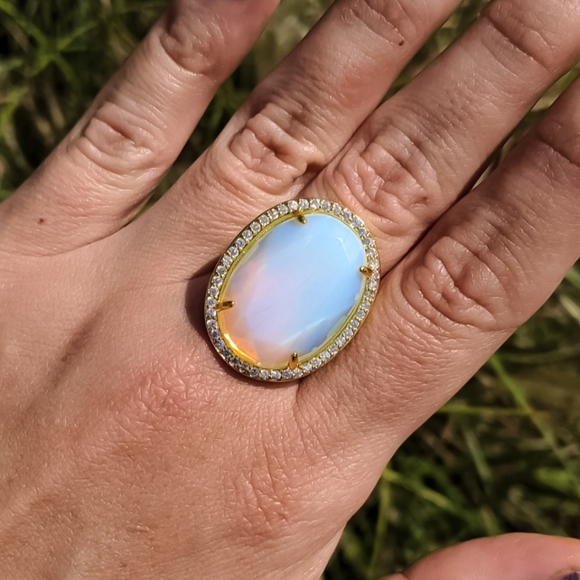 14k Gold Opal Gemstone Adjustable Statement Ring Plated in 14k Gold - Picture 5 of 16